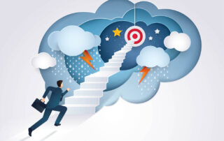 Businessman running up stairway to the target, Challenge